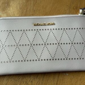 Michael Kors Cream Perforated Leather Zip Wallet with Gold Logo Plaque